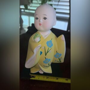 Antique Japanese Bisque Hakata Doll: Boy w/ Bird